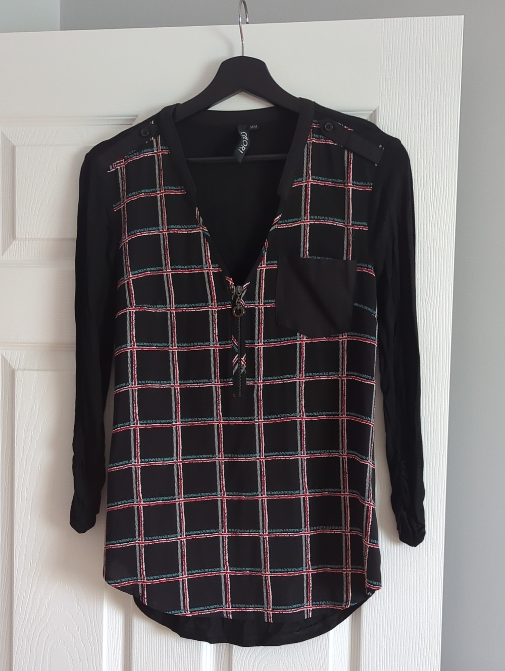 Black Plaid Blouse with Pink and Teal Windowpane